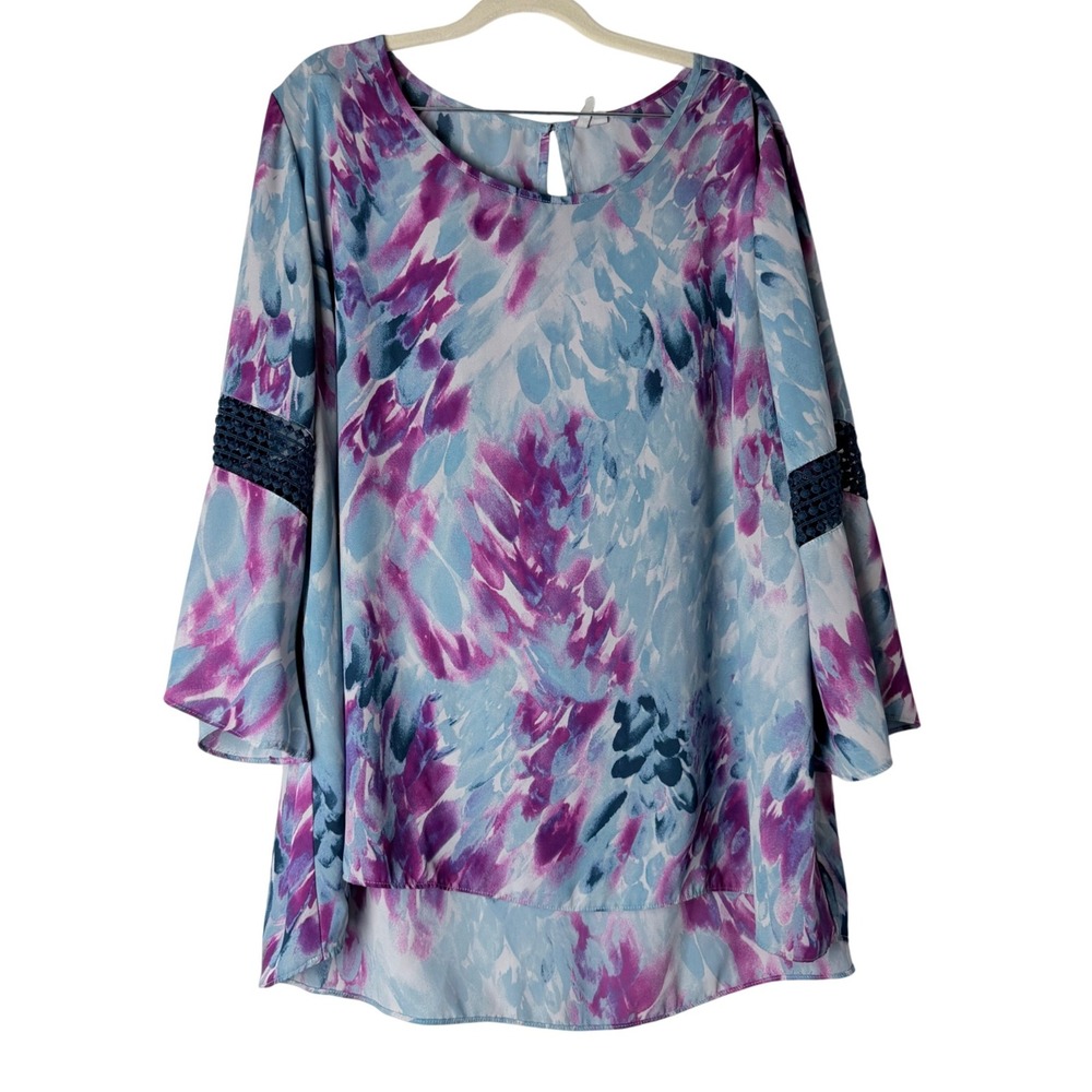 Tunic Women 22/24W Blue Purple Abstract Floral Crochet Bell Sleeve Flowy Work